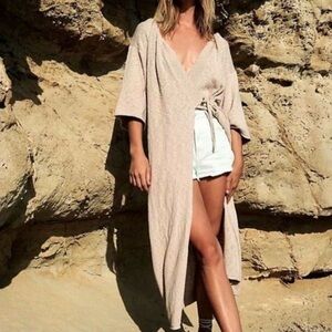 Free People FP Beach Florence Wrap Dress Maxi Duster Knit Kimono Robe Sage Green